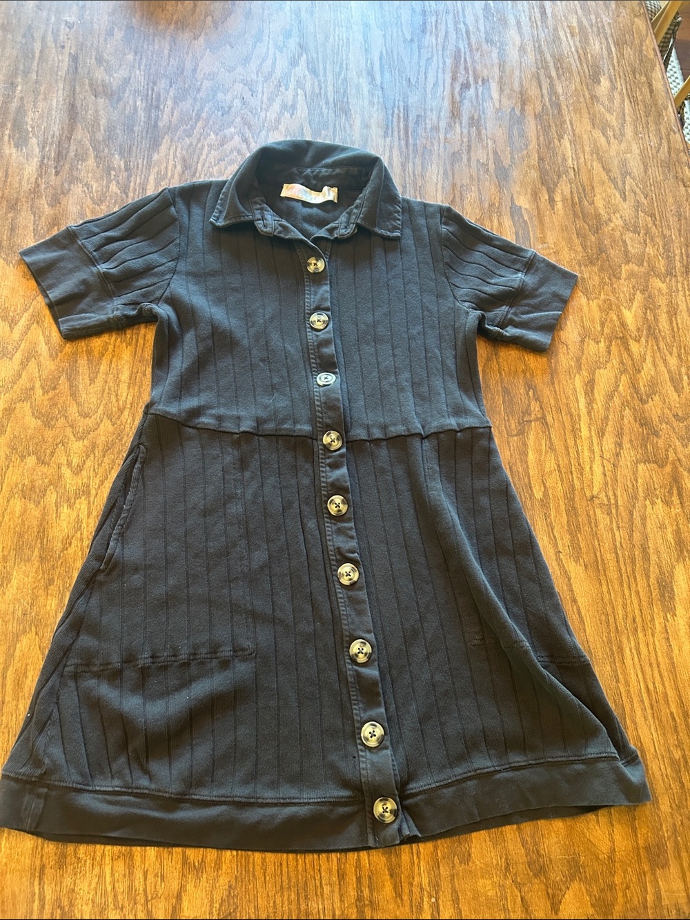 Free People Black Ribbed Button-Front Polo Mini Dress